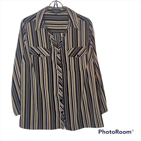 Elementz Tops - Elementz Stipped Blouse Roll-up Long Sleeve w/tab Brown, Tan, White 2X